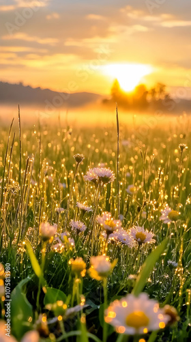 A sunrise over a field of daisies, with morning dew on the grass.