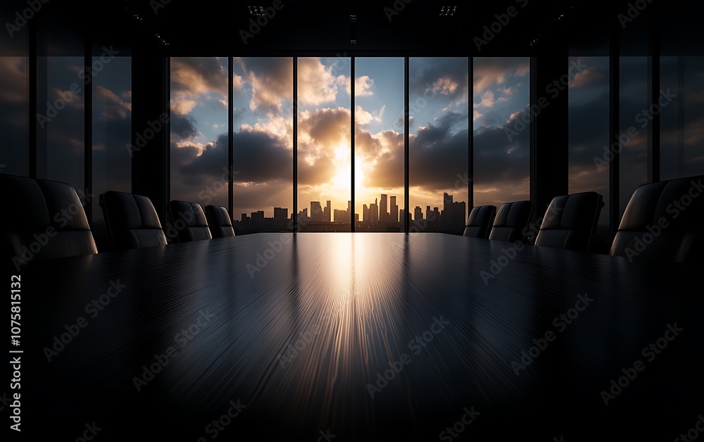 Fototapeta premium A modern boardroom with a polished table and large windows showcasing a sunset over a city skyline.