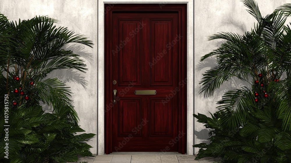 Fototapeta premium Festive Red Door with Palm Trees and Christmas Ornaments