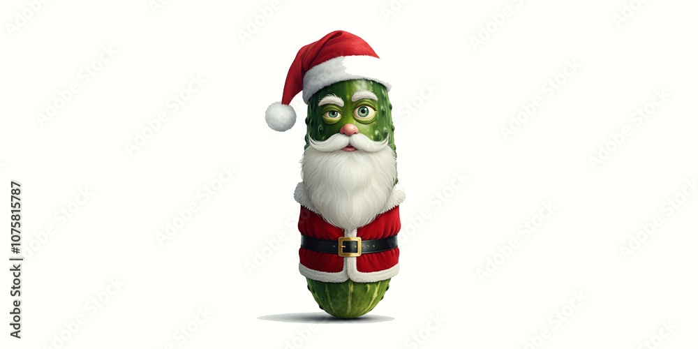 Fototapeta premium Christmas Pickle Dressed as Santa Claus, Humor, Funny Holiday Christmas Card Concept