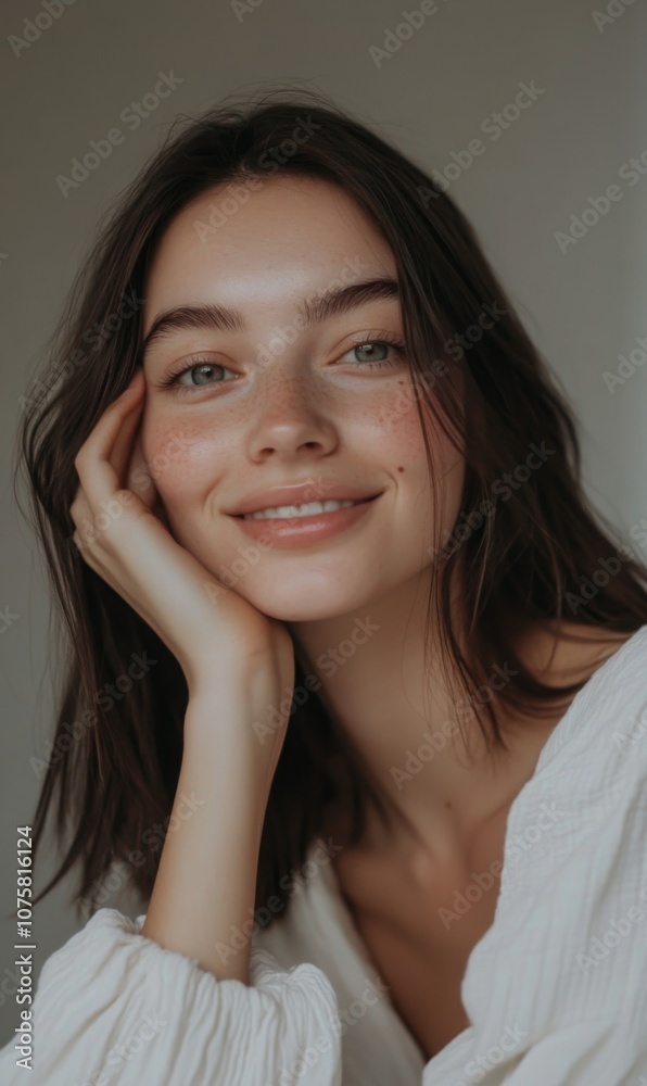 Beautiful woman smiling with flawless skin, gentle lighting, minimalistic background, hand on face, close-up shot, empty space. Beautiful woman smiling with flawless skin, gentle lighting, minimalistic background, hand on face, close-up shot, empty space.
