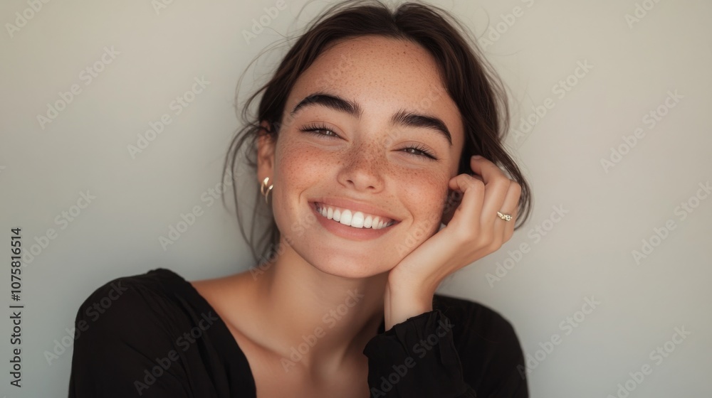 Beautiful woman smiling with flawless skin, gentle lighting, minimalistic background, hand on face, close-up shot, empty space. Beautiful woman smiling with flawless skin, gentle lighting, minimalistic background, hand on face, close-up shot, empty space.