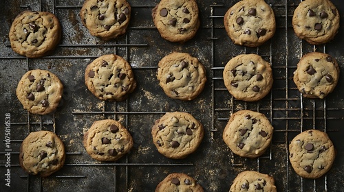 A Dozen Chocolate Chip Cookies on a Wire Rack photo