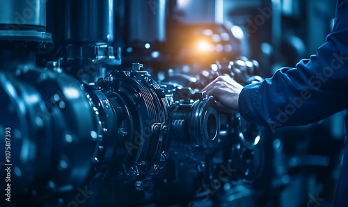 A close-up of a technician adjusting machinery in a modern industrial setting, showcasing intricate gears and a focus on precision.