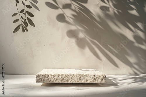 Empty terrazo podium for product display , exibition , showcase , leaf shadow