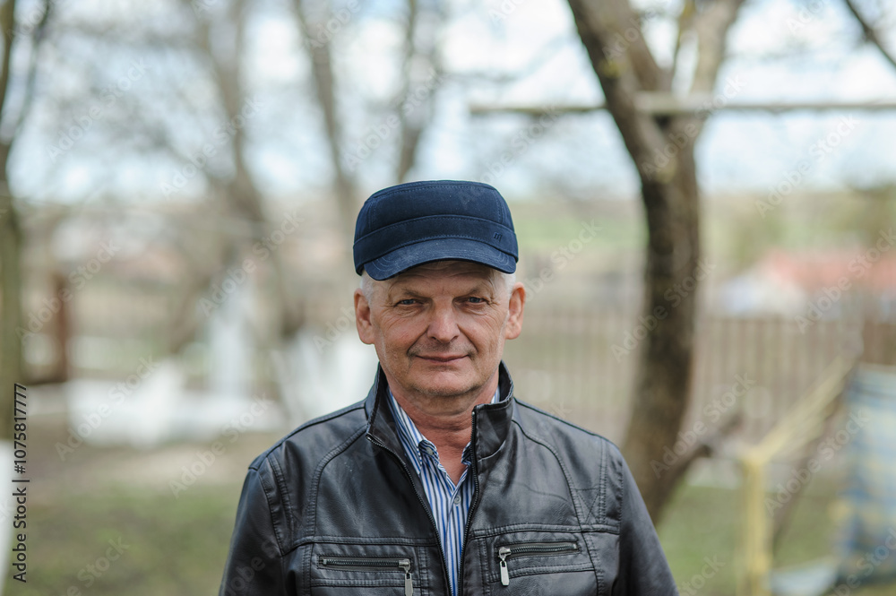 Senior pensioner. A gray-haired man in a blue hat and leather jacket stands in the park. Senior pensioner. A gray-haired man in a blue hat and leather jacket stands in the park.