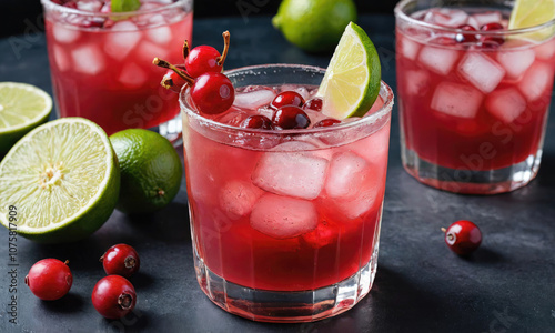 A refreshing cranberry cocktail with lime wedges and ice, perfect for a summer gathering