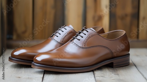 Brown Leather Oxford Shoes on Wooden Surface