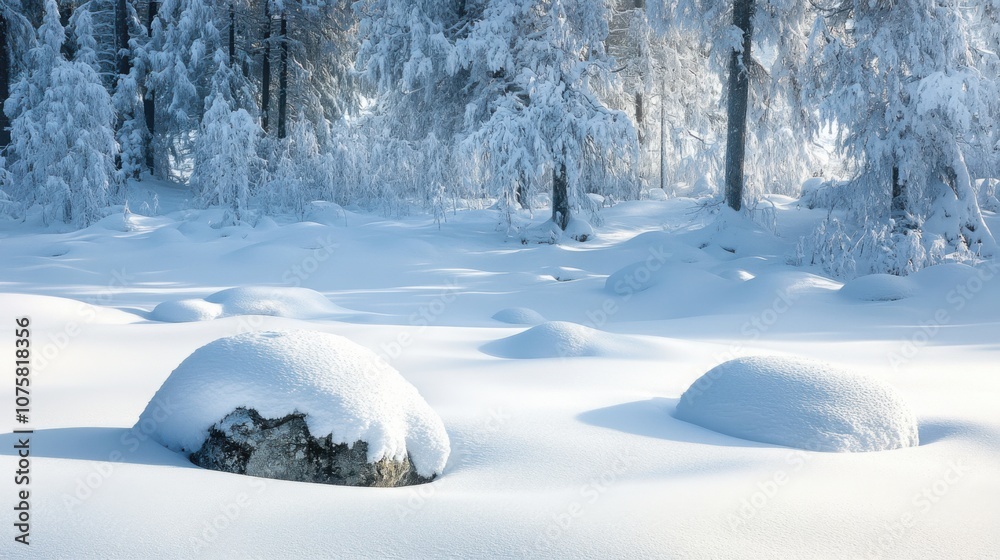 An endless stretch of pure white snow with a few snow-covered An endless stretch of pure white snow with a few snow-covered