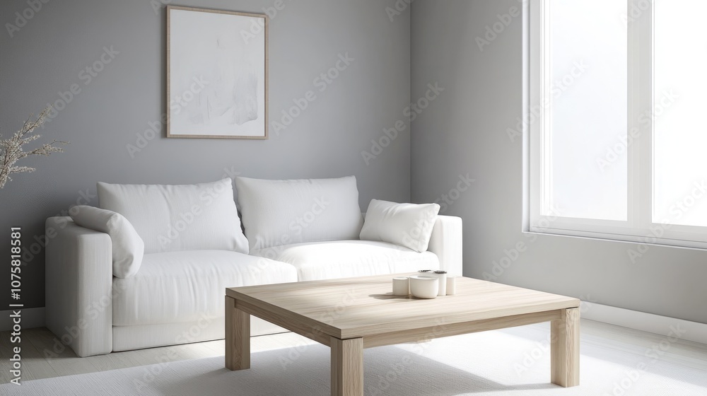 A realistic photo of a bright, chic living room with a wooden square coffee table next to a white sofa. The grey wall with an art poster completes the minimalist decor. Shot in 32k resolution with A realistic photo of a bright, chic living room with a wooden square coffee table next to a white sofa. The grey wall with an art poster completes the minimalist decor. Shot in 32k resolution with