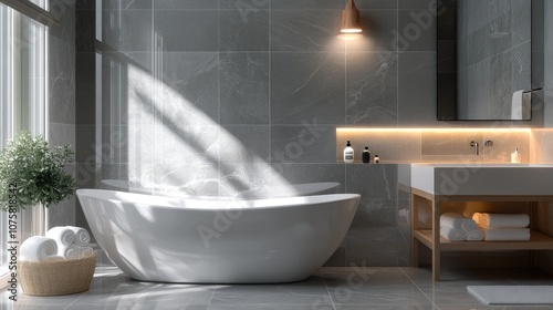 A realistic photo of a chic bathroom featuring gray marble tiles and a freestanding bathtub The modern decor and soft lighting enhance the serene atmosphere, offering a relaxing environment Styled