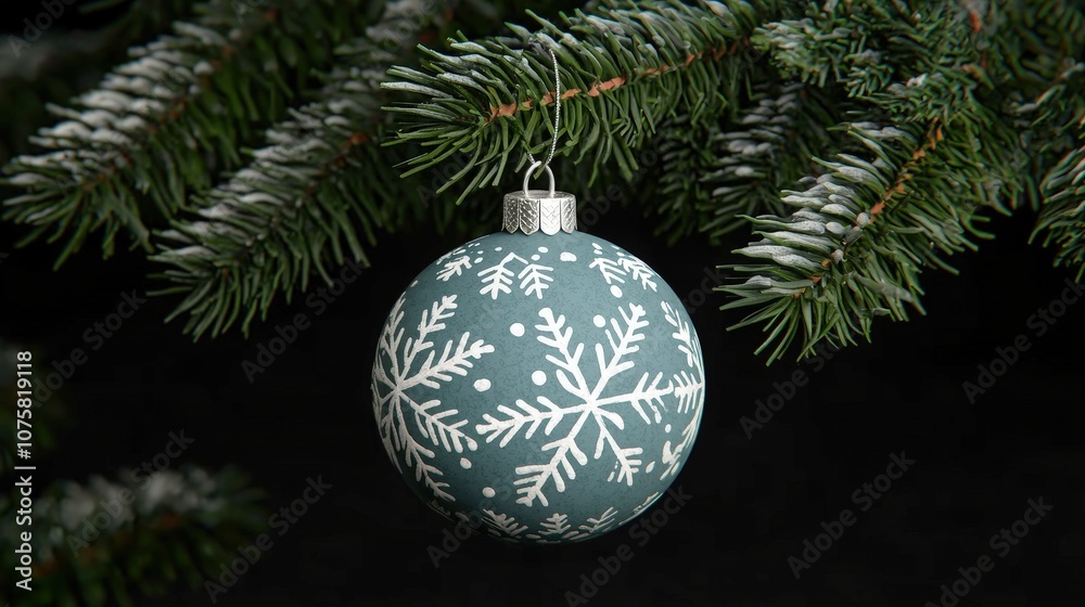 Teal Snowflake Christmas Ornament on Pine Branch with Snow Teal Snowflake Christmas Ornament on Pine Branch with Snow