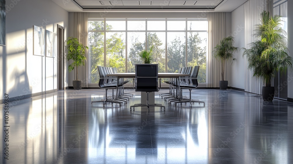 Obraz premium High-resolution photorealistic capture of a bright, contemporary boardroom with polished floors and a large conference table The minimalist decor and modern design create a professional atmosphere
