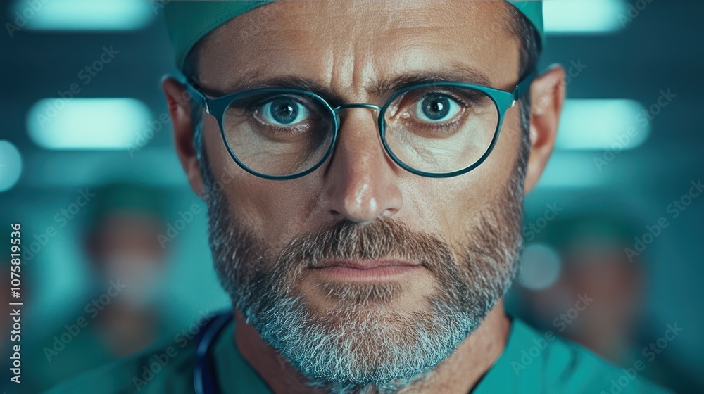 Medical Professional in Protective Gear: Closeup Portrait of Male Doctor with Mask and Cap on Hospital Background Medical Professional in Protective Gear: Closeup Portrait of Male Doctor with Mask and Cap on Hospital Background