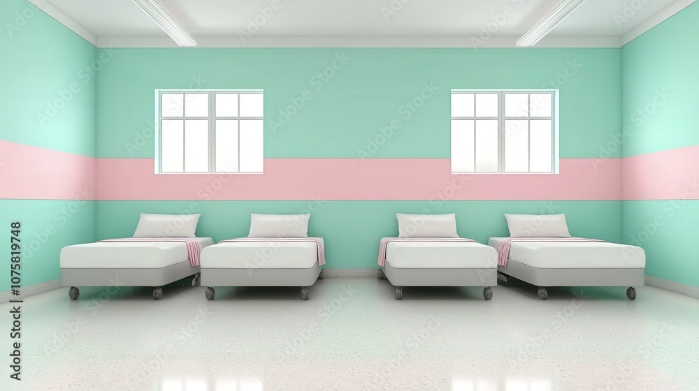 Minimalist Hospital Room Interior with Four Beds Pink and Green Walls Windows Minimalist Hospital Room Interior with Four Beds Pink and Green Walls Windows