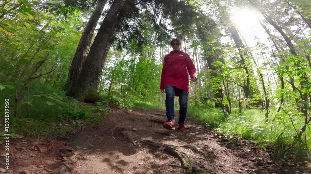 Woman wearing a red jacket strolls along a tranquil path in a vibrant green forest. Sunlight streams through the trees, creating a peaceful ambiance in nature Woman wearing a red jacket strolls along a tranquil path in a vibrant green forest. Sunlight streams through the trees, creating a peaceful ambiance in nature