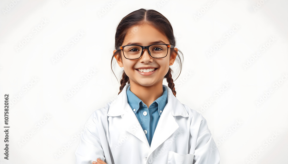 smiling little girl science student in lab coat isolated with white highlights, png smiling little girl science student in lab coat isolated with white highlights, png