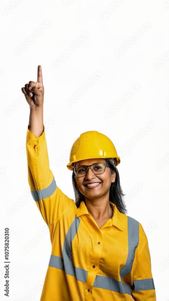 Happy Indian middle aged engineer woman smiling with thumb up and pointing up with finger on white background Happy Indian middle aged engineer woman smiling with thumb up and pointing up with finger on white background