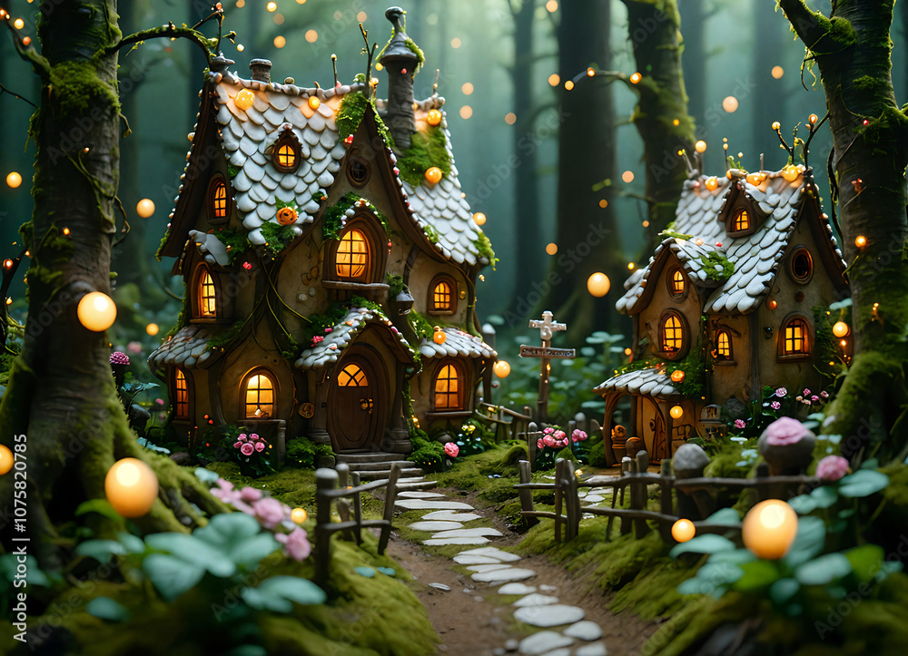 Fototapeta premium Enchanting Gingerbread Candy Village in Fantasy Forest with Fireflies and Flowers