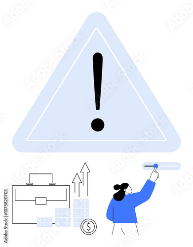 Businesswoman making adjustments, briefcase, coins, stack of money, rising arrows, and warning sign. Ideal for financial risk, investment planning, business strategy market analysis financial
