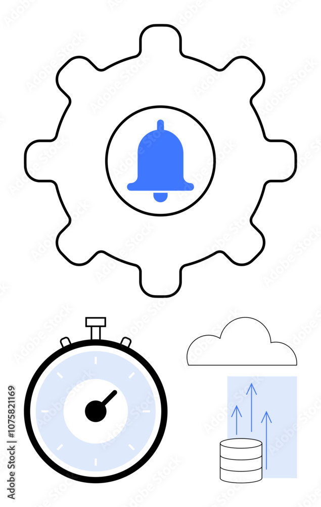 Gear with bell for notifications timer clock cloud with up arrows over database. Ideal for notifications, settings, synchronization, time management, cloud storage, data backup, productivity. Line Gear with bell for notifications timer clock cloud with up arrows over database. Ideal for notifications, settings, synchronization, time management, cloud storage, data backup, productivity. Line