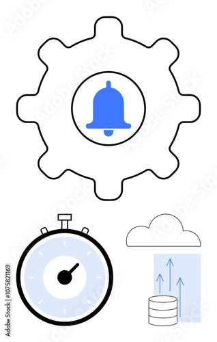 Gear with bell for notifications timer clock cloud with up arrows over database. Ideal for notifications, settings, synchronization, time management, cloud storage, data backup, productivity. Line