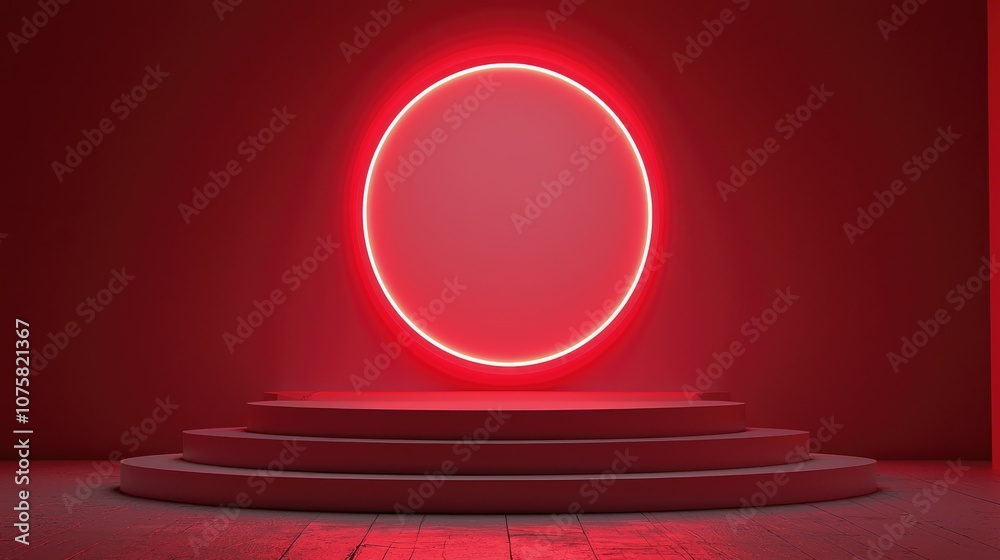 Fototapeta premium Red Neon Circle Above a White Circular Platform