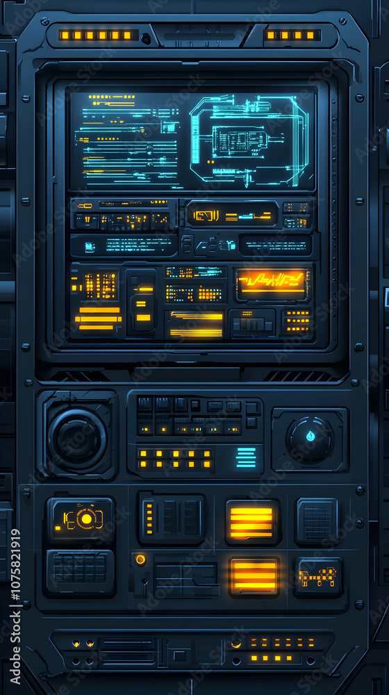 Futuristic technology interface with glowing buttons and displays. Futuristic technology interface with glowing buttons and displays.