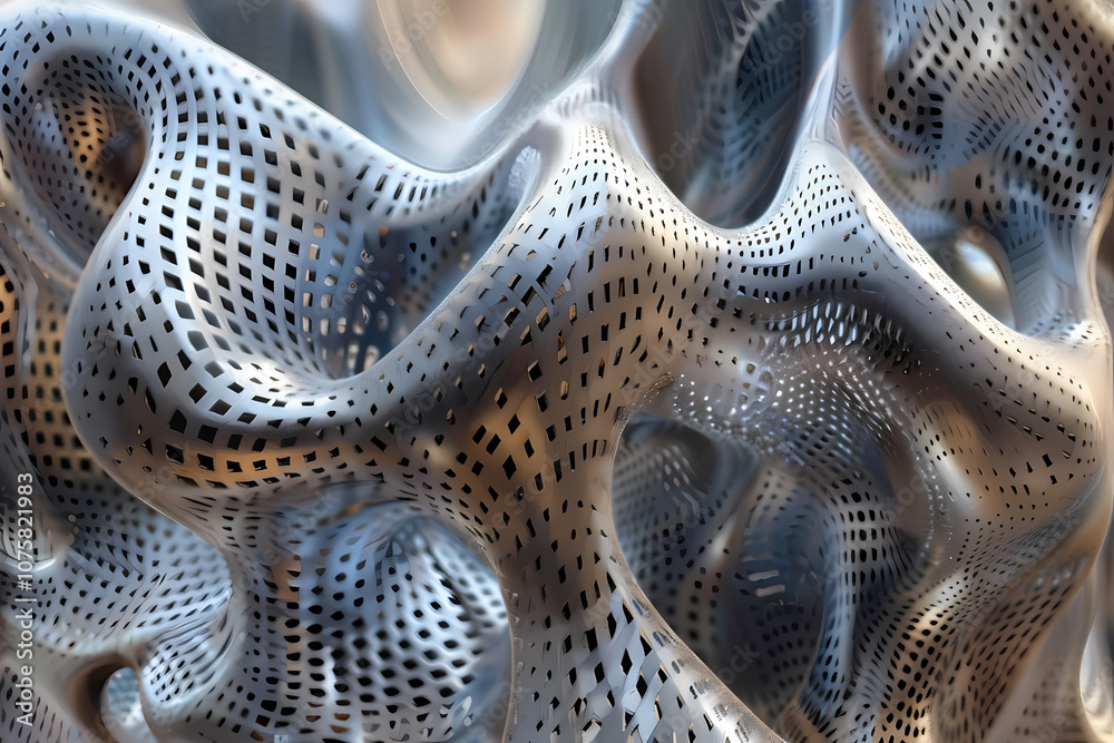 Abstract 3D structure featuring a mesh-like design with flowing curves in shades of gray and blue.