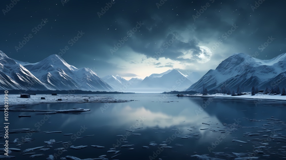 Naklejka premium digital technology snow mountain and moon landscape poster background