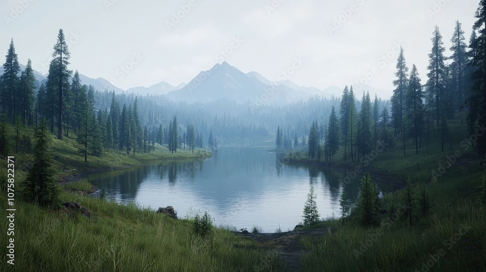 Serene Mountain Lake with Fog and Evergreen Trees Serene Mountain Lake with Fog and Evergreen Trees