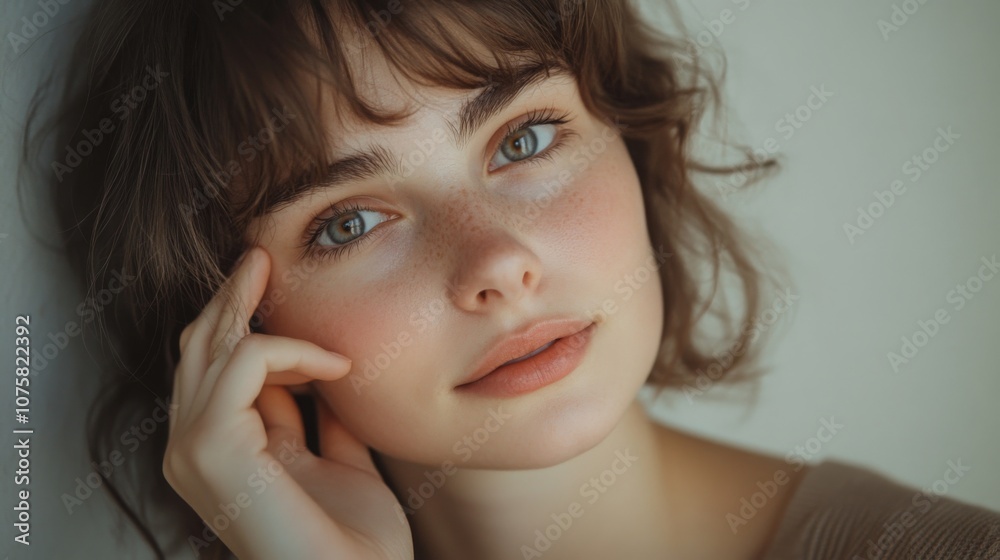 Glowing skin beauty portrait, gentle smile, close-up of a young woman with hand near face, empty space, simple background, soft lighting. Glowing skin beauty portrait, gentle smile, close-up of a young woman with hand near face, empty space, simple background, soft lighting.