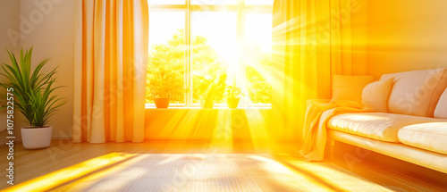 Bright sun shining through a window into a living room with a couch, plant, and curtains.