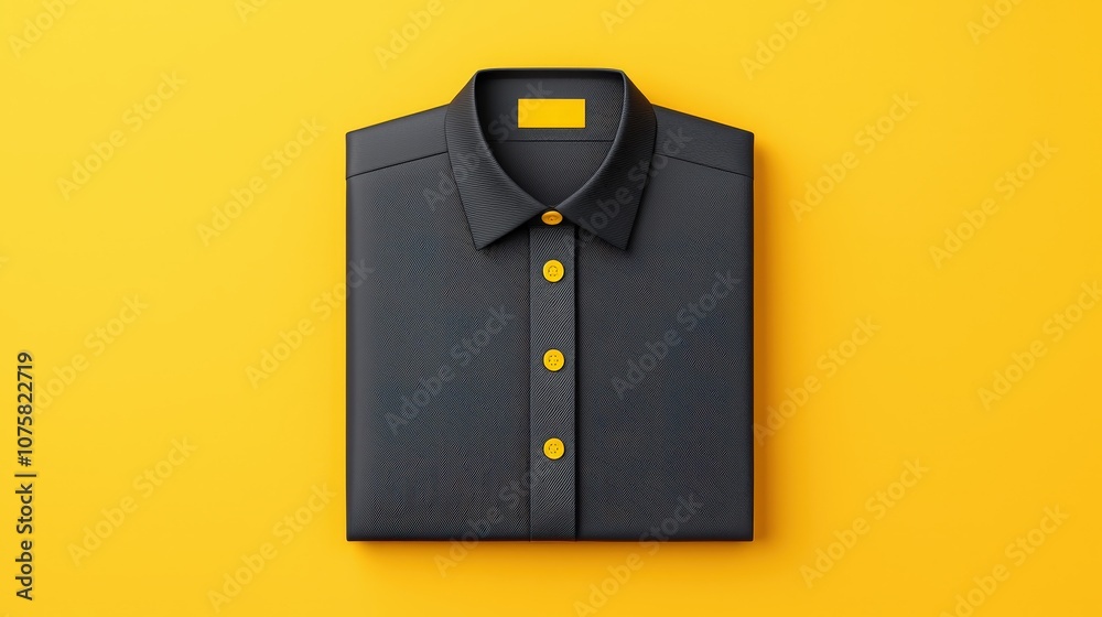 Flat Lay Black Dress Shirt with Yellow Buttons on Yellow Background Flat Lay Black Dress Shirt with Yellow Buttons on Yellow Background