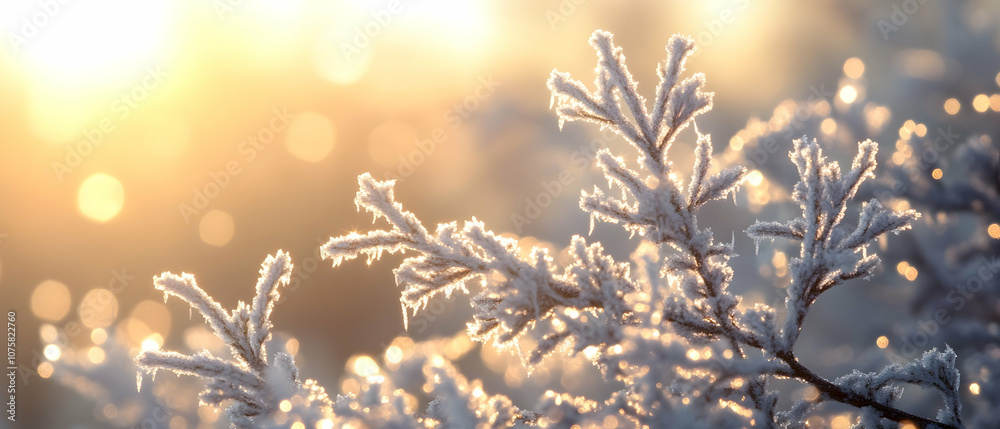 Close-up of frost-covered branches with warm, golden light shining through. Close-up of frost-covered branches with warm, golden light shining through.