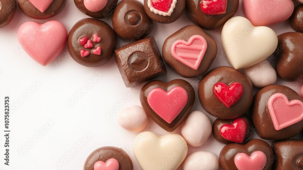 A close-up shot of assorted chocolate candies with heart-shaped decorations for Valentine's Day, photography, holiday, confectionery A close-up shot of assorted chocolate candies with heart-shaped decorations for Valentine's Day, photography, holiday, confectionery
