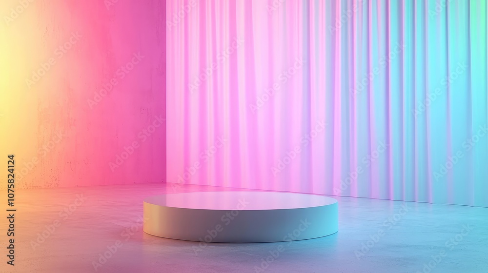 White Cylinder Platform with Neon Pink, Blue, and Yellow Walls White Cylinder Platform with Neon Pink, Blue, and Yellow Walls