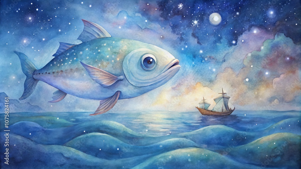 Surreal ocean dreamscape with giant fish and sailing ship under starry night sky Surreal ocean dreamscape with giant fish and sailing ship under starry night sky