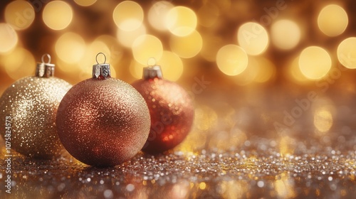 Three glittering Christmas baubles with warm golden bokeh