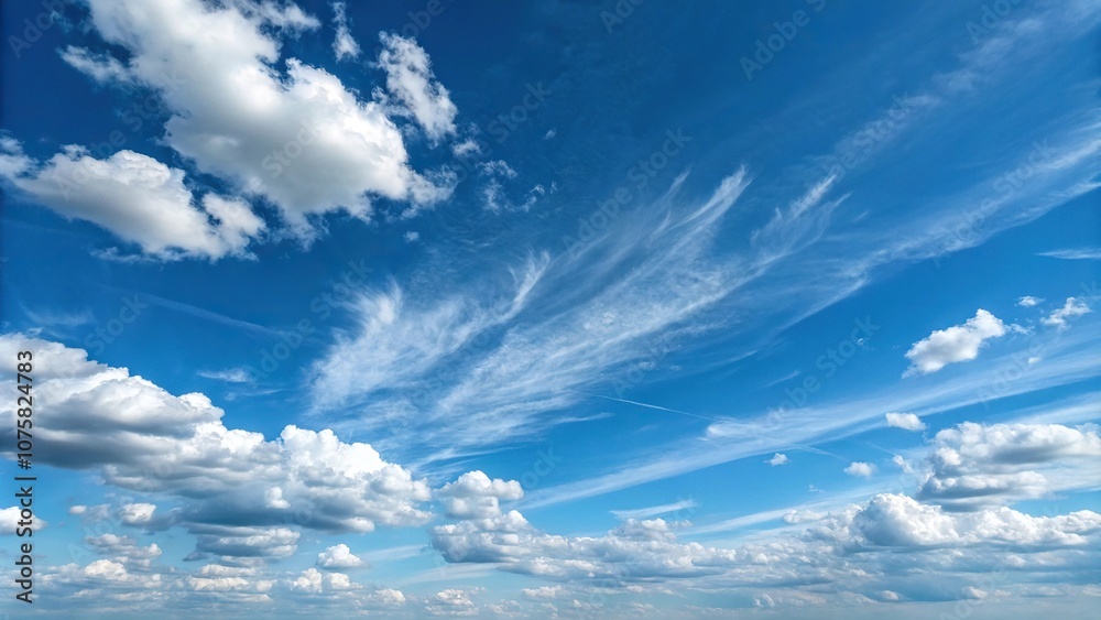 A cluster of small white cumulus clouds drifting lazily across the bright blue sky with a few wispy cirrus clouds in the distance, soft, fluffy, vastness, horizon A cluster of small white cumulus clouds drifting lazily across the bright blue sky with a few wispy cirrus clouds in the distance, soft, fluffy, vastness, horizon