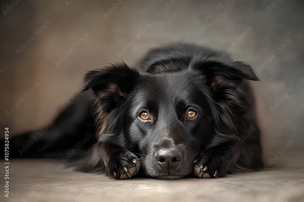 Lonely Black Dog Resting on the Ground with Drooping Eyes in Quiet, Empty Setting
Lonely Black Dog Resting on the Ground with Drooping Eyes in Quiet, Empty Setting