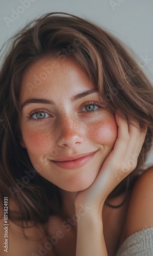 Woman with soft, glowing skin, gentle smile, hand resting on cheek, close-up, empty background, light minimalism, spacious feel.