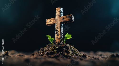 Woodland Funeral: Natural Burial at Forest Cemetery with Wooden Cross and Mossy Grave in the Woods