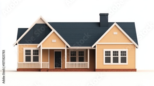 Yellow Suburban House with Blue Roof and White Trim 3D Render