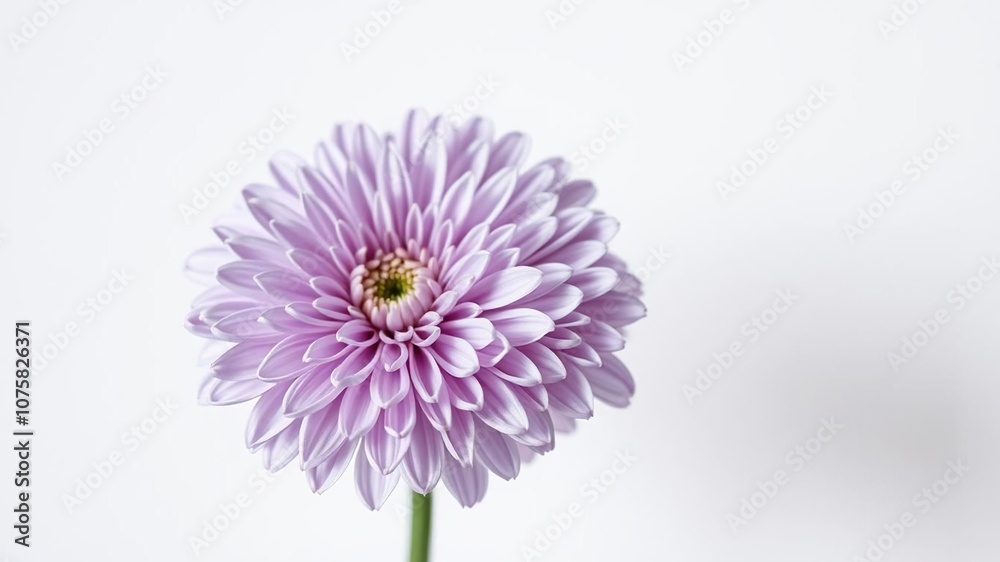 A delicate chrysanthemum flower in lilac hue is set against a soft white background, showcasing its intricate petals and subtle color tones, garden flowers, flower details A delicate chrysanthemum flower in lilac hue is set against a soft white background, showcasing its intricate petals and subtle color tones, garden flowers, flower details