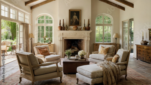 Bright and airy living room featuring two chic chairs, cozy fireplace, and elegant decor. space exudes warmth and comfort, perfect for relaxation