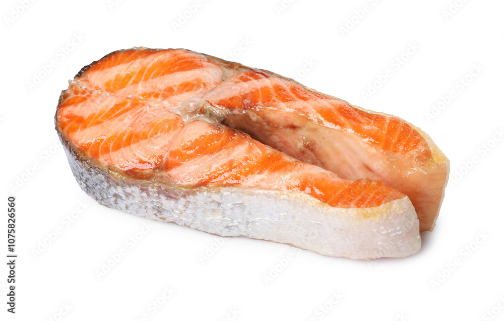 Tasty grilled salmon steak isolated on white Tasty grilled salmon steak isolated on white