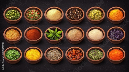 Wooden Bowls of Herbs Spices and Seeds on Black Background Kitchen Still Life