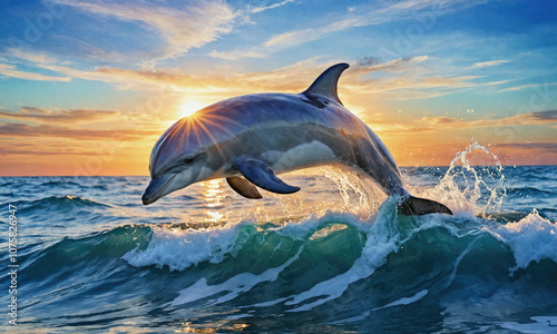 A dolphin leaps over a wave during a beautiful sunset