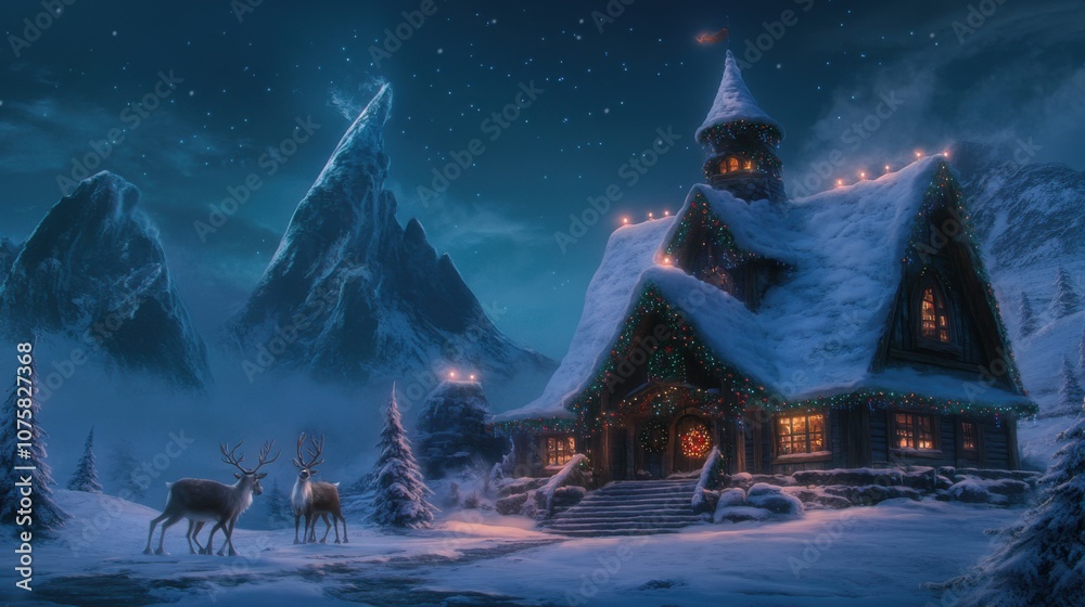 Fototapeta premium Santa's enchanting home at the North Pole, with a snow-covered